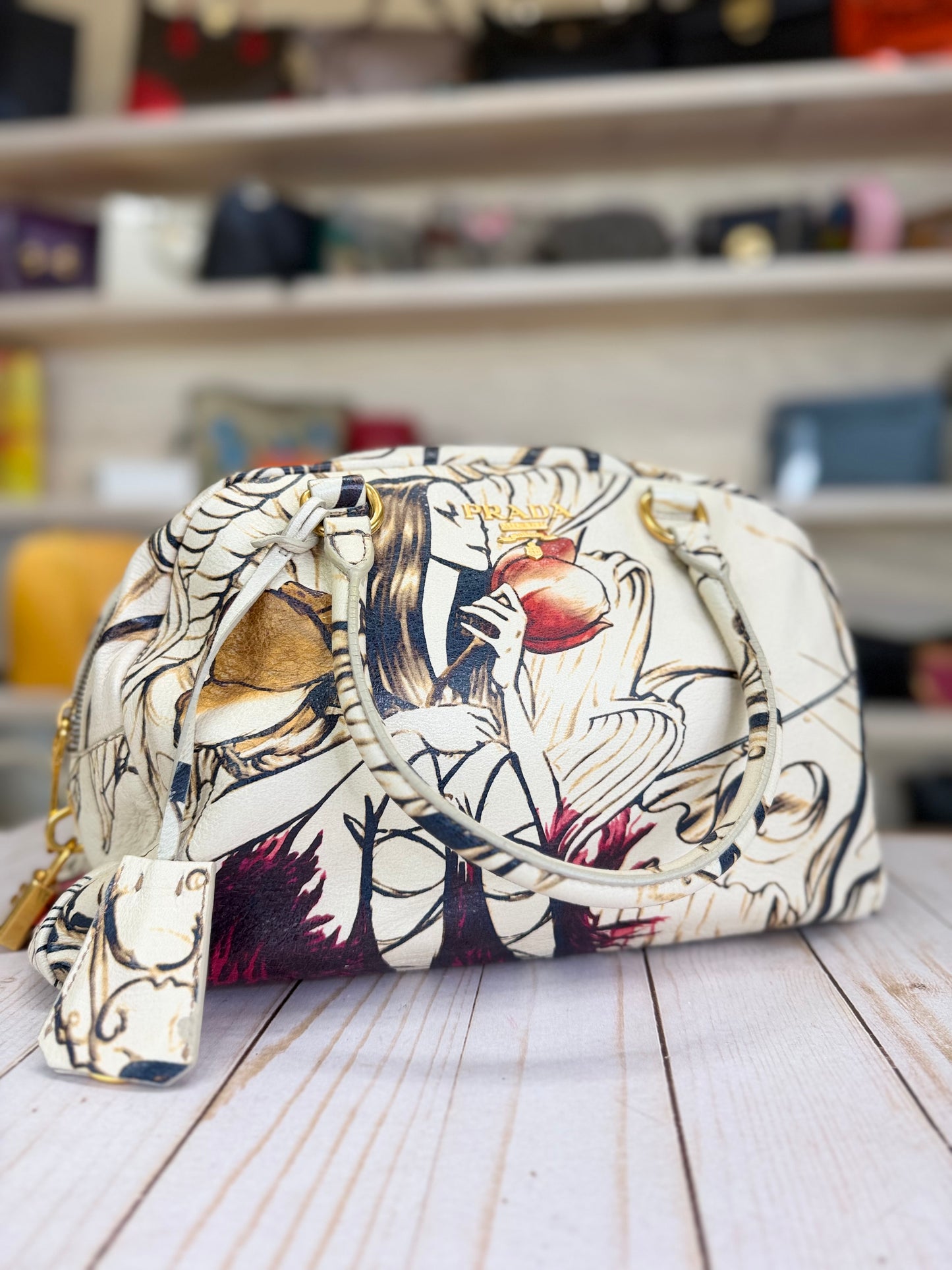 PRADA
X JAMES JEAN Cervo Lux Fairy Print Double Handle Leather Fairy Print Boston Bag