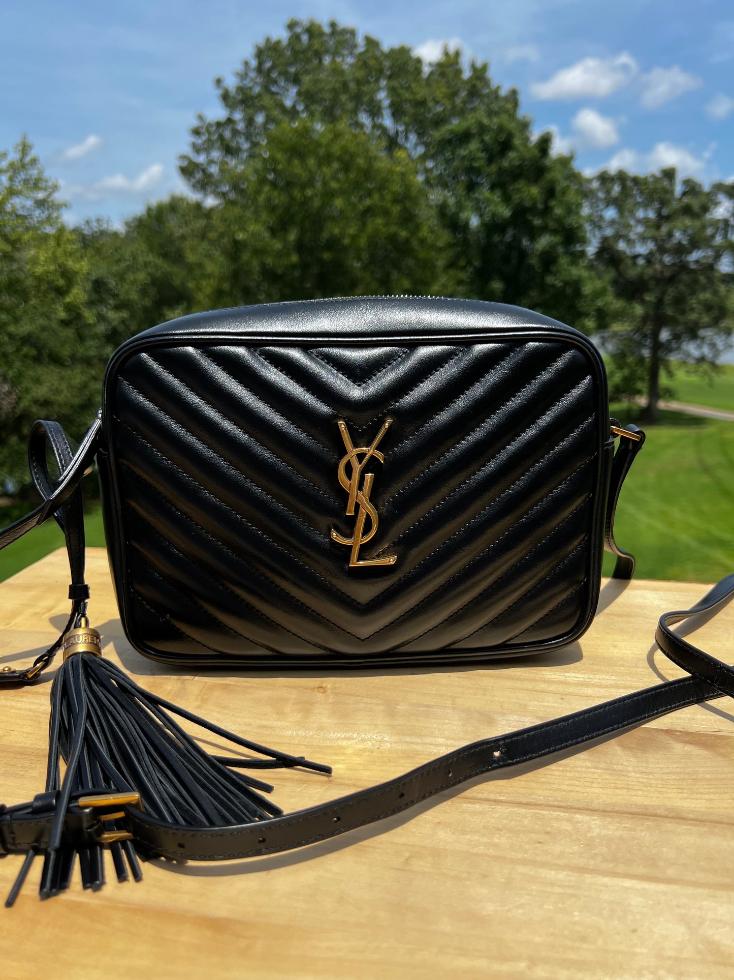 YSL Saint Laurent Calfskin Matelassé Monogram Lou Camera Bag (Black)
