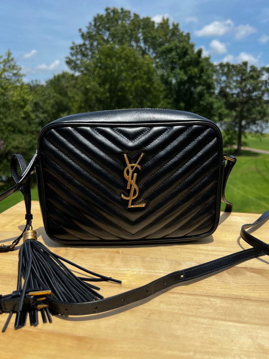 YSL Saint Laurent Calfskin Matelassé Monogram Lou Camera Bag (Black)