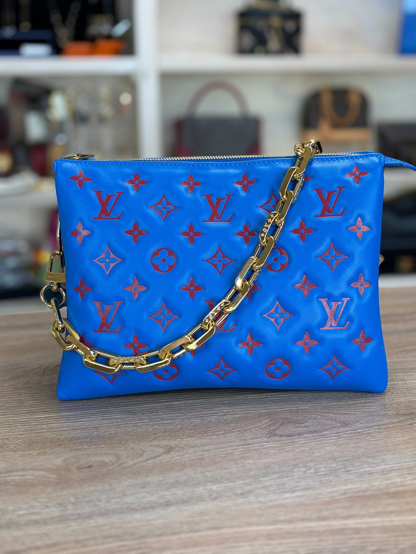 Louis Vuitton Lambskin Embossed Monogram Vuittamins Coussin PM Blue Red