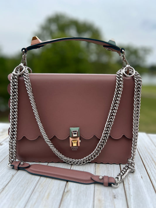 FENDI 
Vitello Liberty Scalloped Studded Kan I Shoulder Bag English Rose