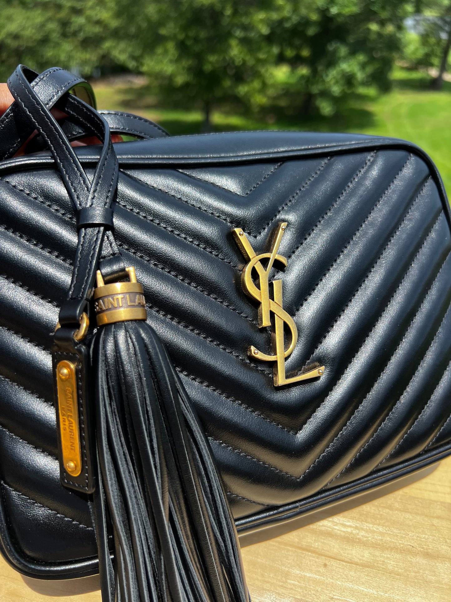 YSL Saint Laurent Calfskin Matelassé Monogram Lou Camera Bag (Black)