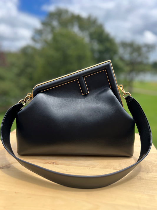 Fendi First Small Bag – Black Nappa Leather with Oversized F Clasp
