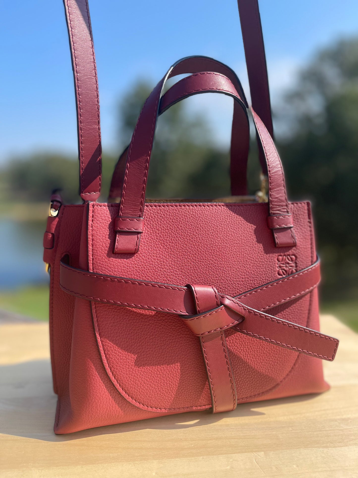 LOEWE 
Calfskin Mini Gate Tote Burgundy