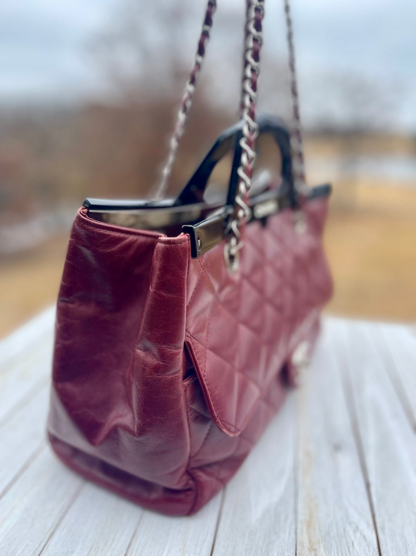 CHANEL 
Glazed Calfskin Quilted Small CC Delivery Tote Burgundy