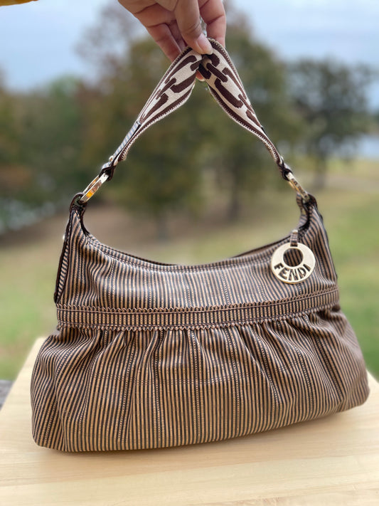 Fendi Brown FF Perforated Logo Stripe Leather Chef Hobo