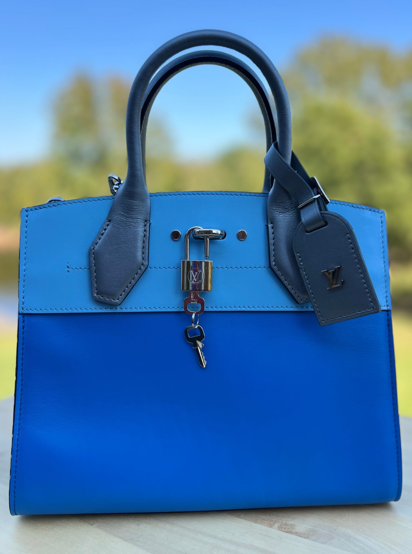 LOUIS VUITTON 
Calfskin City Steamer PM Silver Blue