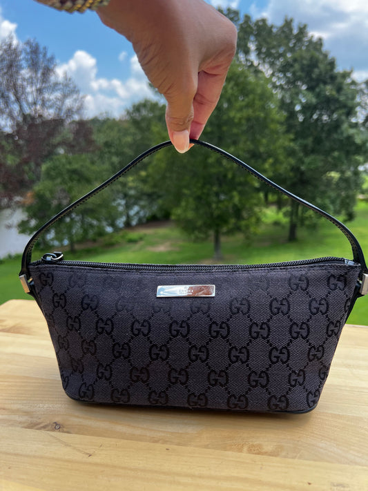 VINTAGE GUCCI Monogram Pochette Shoulder Bag – Black Canvas with Leather Trim