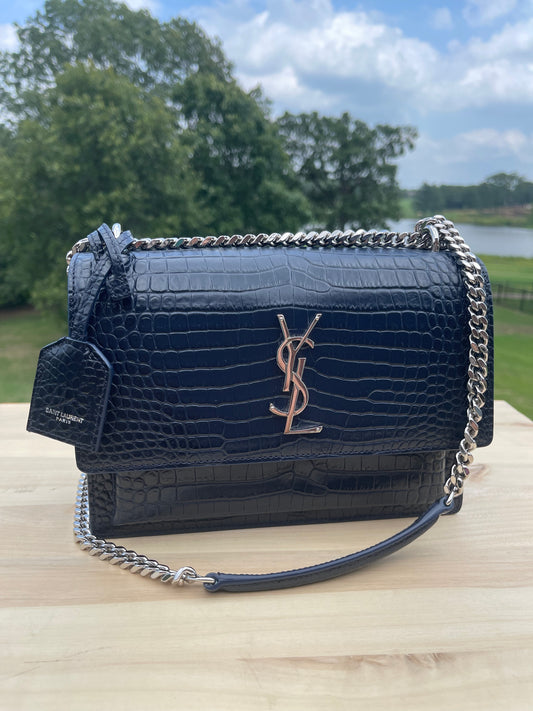 SAINT LAURENT 
Calfskin Crocodile Embossed Medium Monogram Sunset Navy with SHW