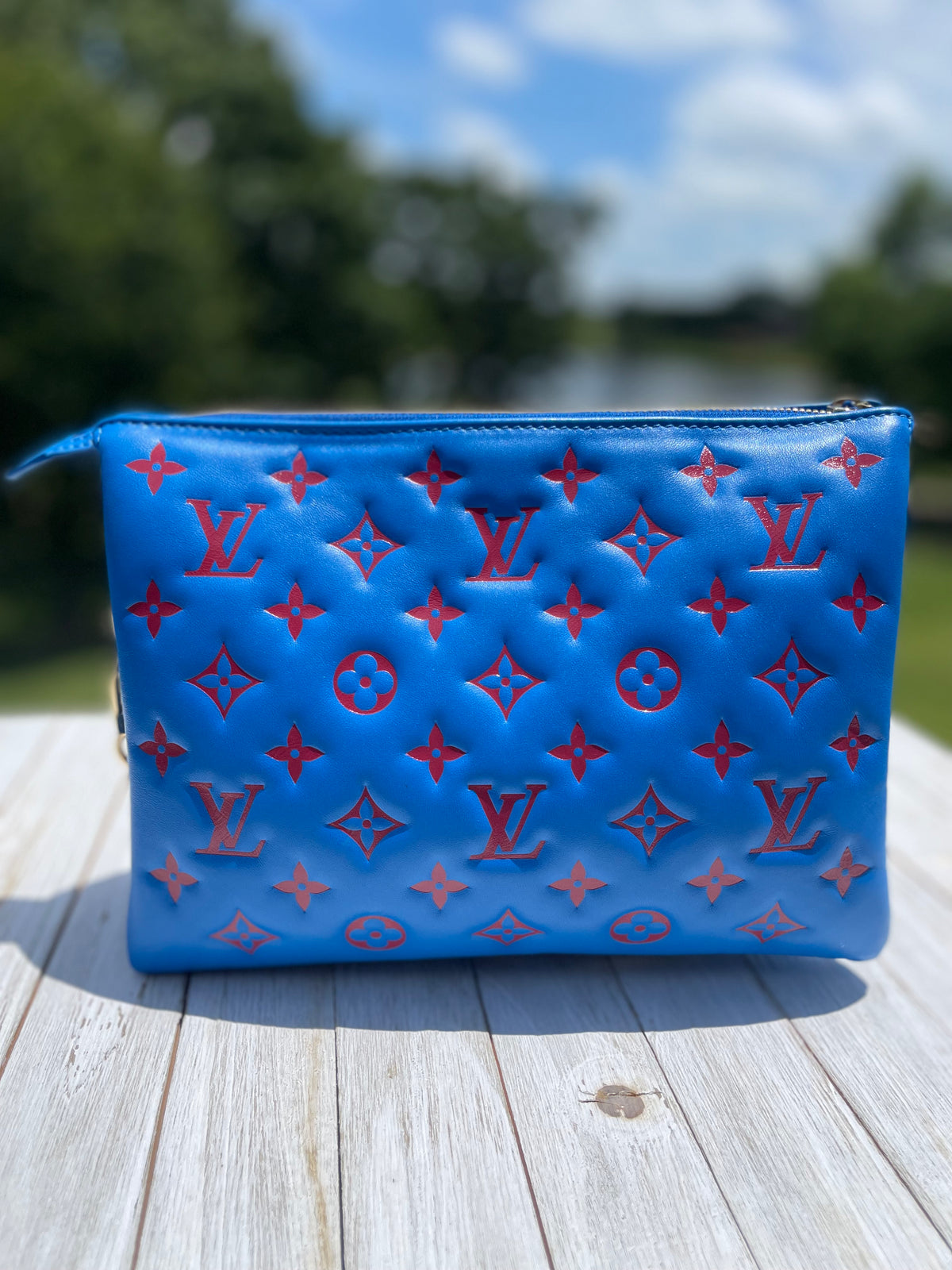 Louis Vuitton Lambskin Embossed Monogram Vuittamins Coussin PM Blue Red