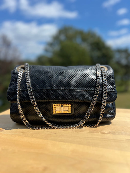 CHANEL Metallic Crackled Calfskin Perforated Drill Flap Bag