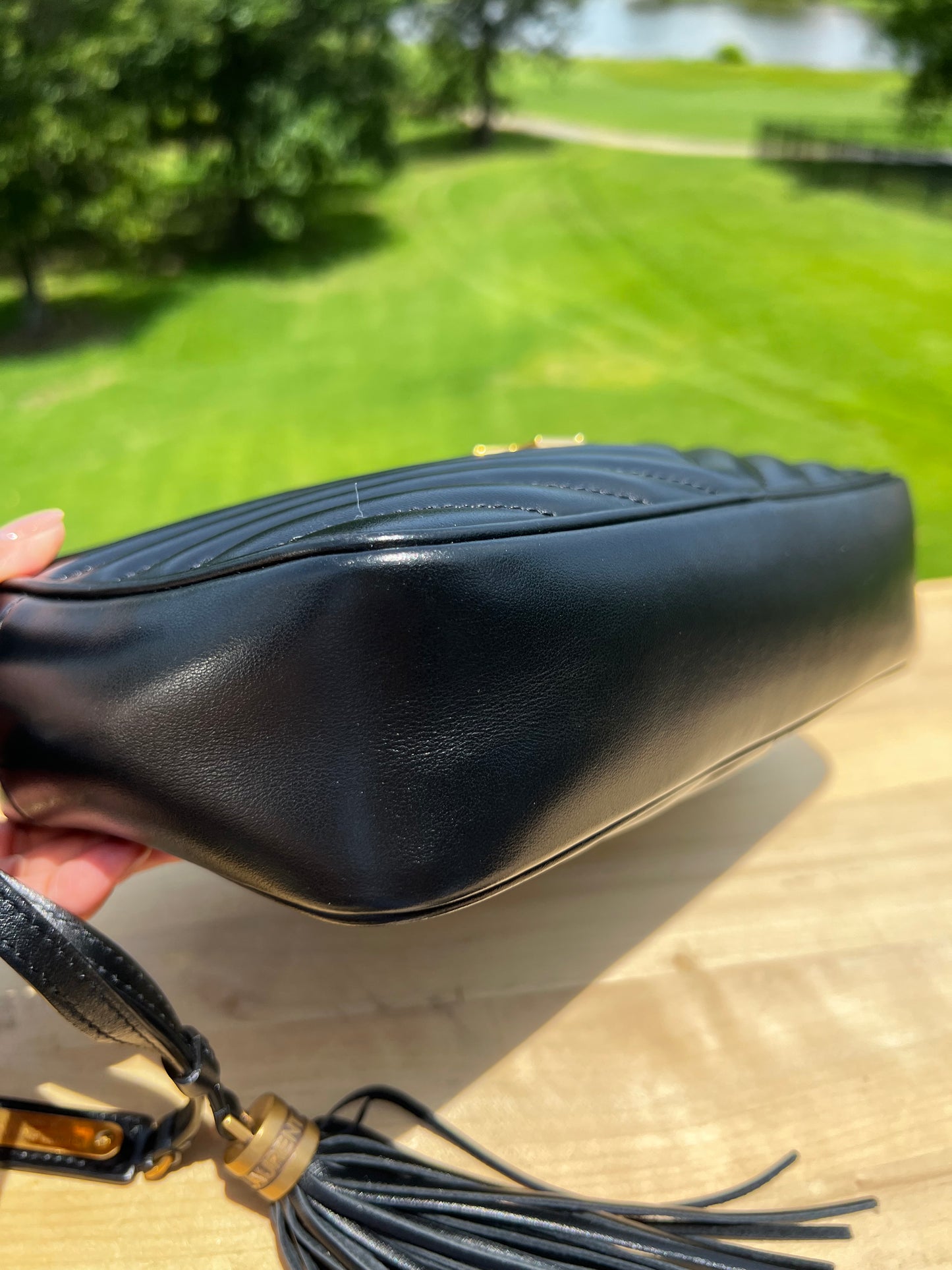 YSL Saint Laurent Calfskin Matelassé Monogram Lou Camera Bag (Black)