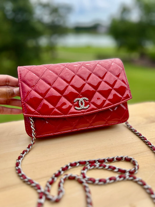 CHANEL Red Patent Quilted Leather - Classic Wallet on Chain (WOC)