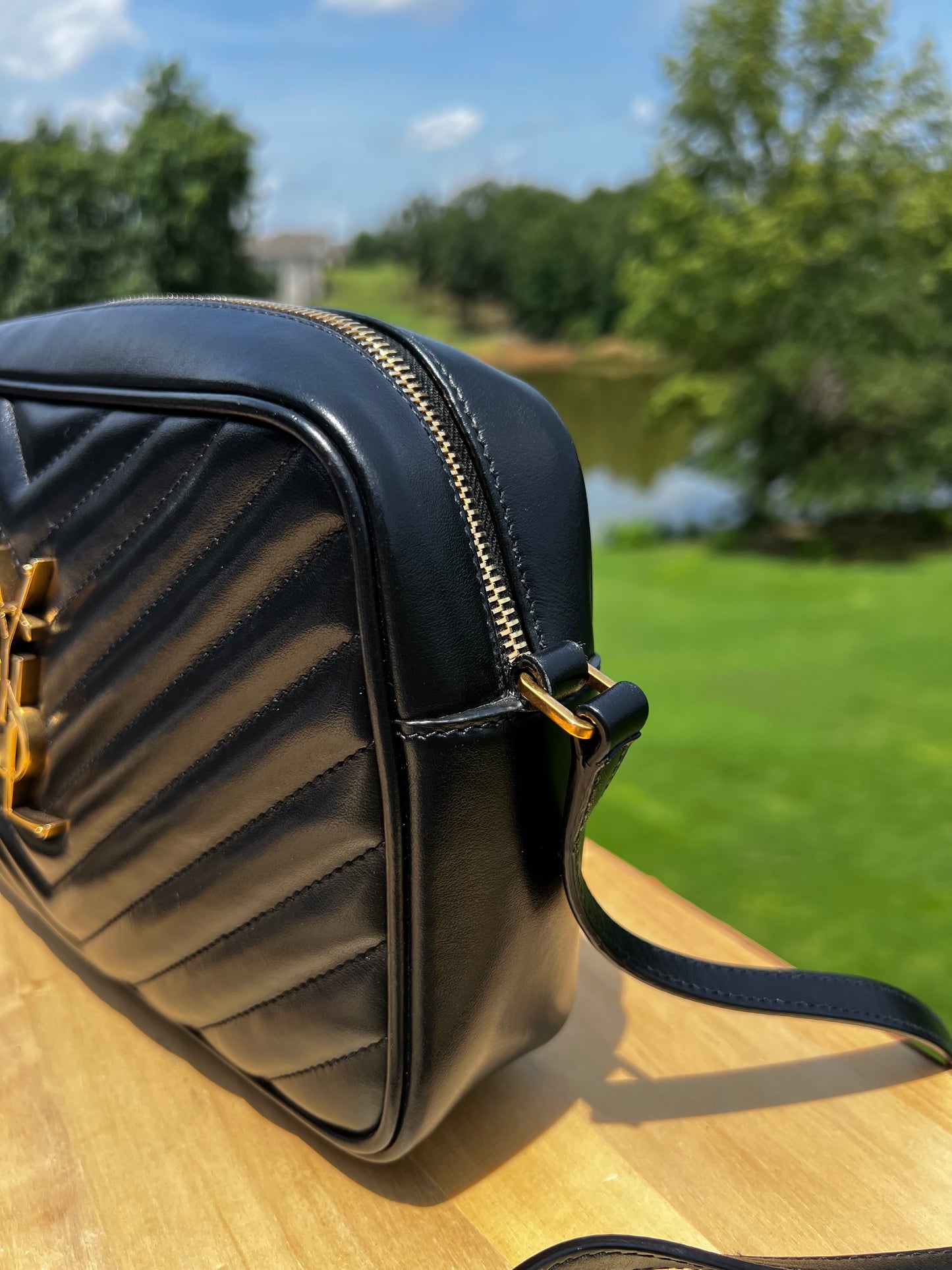 YSL Saint Laurent Calfskin Matelassé Monogram Lou Camera Bag (Black)