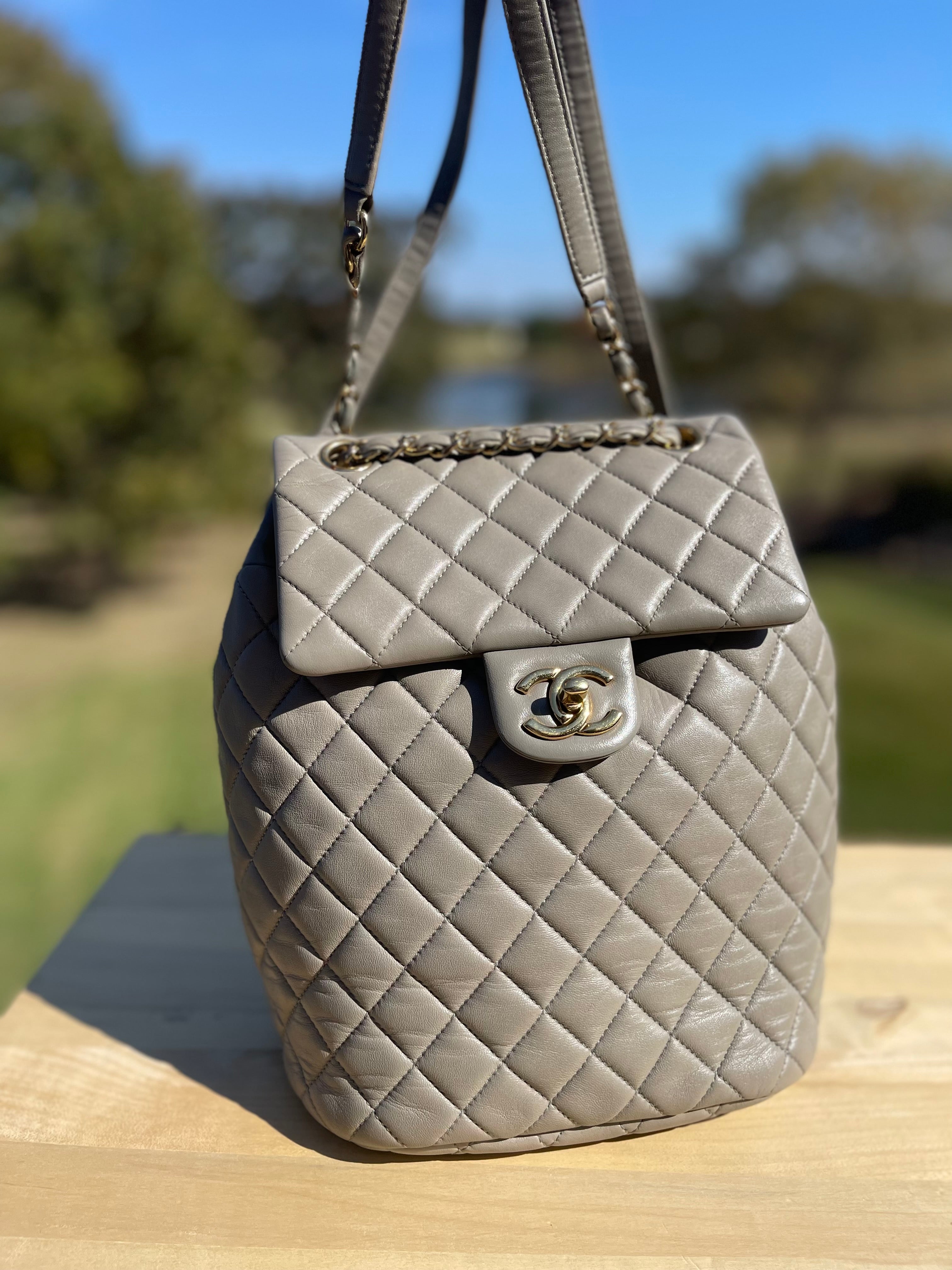 CHANEL Calfskin Quilted Mini Urban Spirit Backpack Grey with light gol Rebecca Bee Luxury