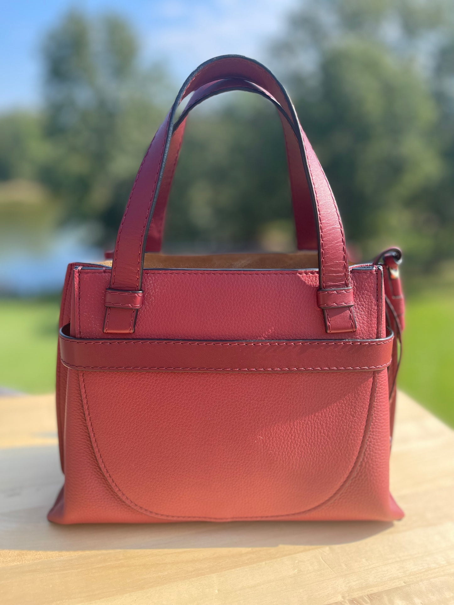 LOEWE 
Calfskin Mini Gate Tote Burgundy