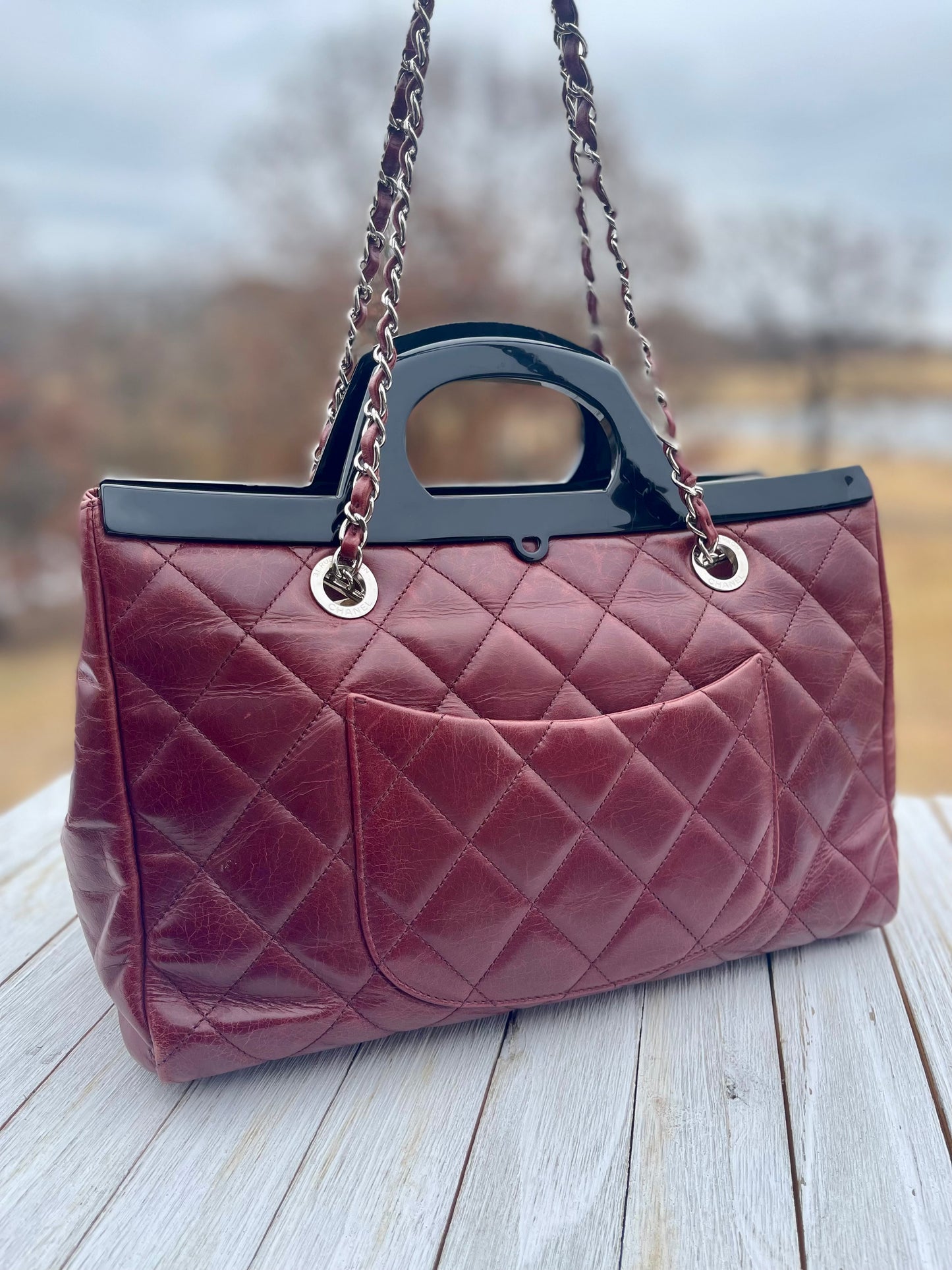 CHANEL 
Glazed Calfskin Quilted Small CC Delivery Tote Burgundy