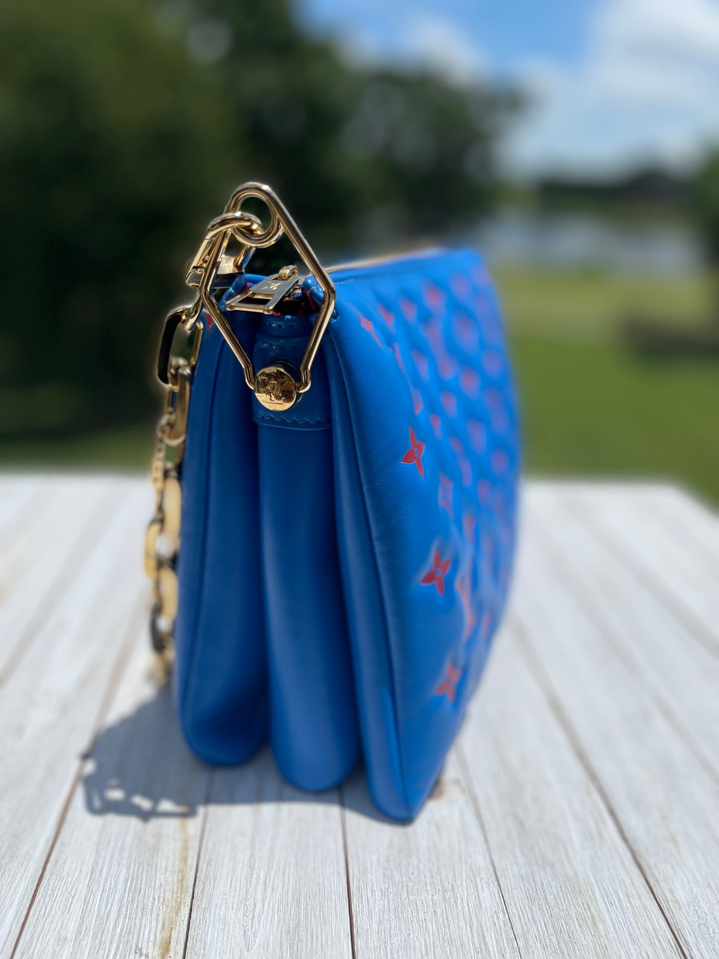 Louis Vuitton Lambskin Embossed Monogram Vuittamins Coussin PM Blue Red