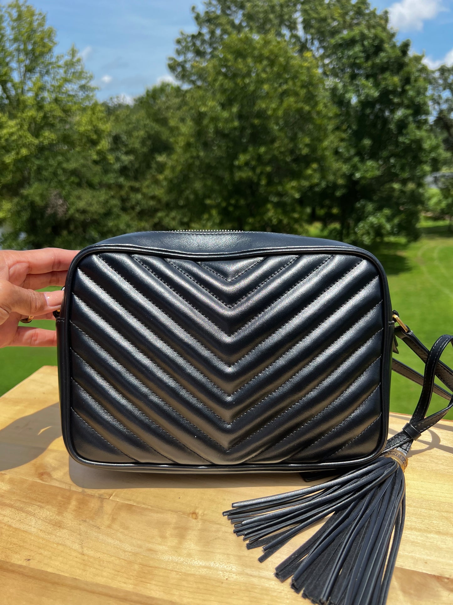 YSL Saint Laurent Calfskin Matelassé Monogram Lou Camera Bag (Black)