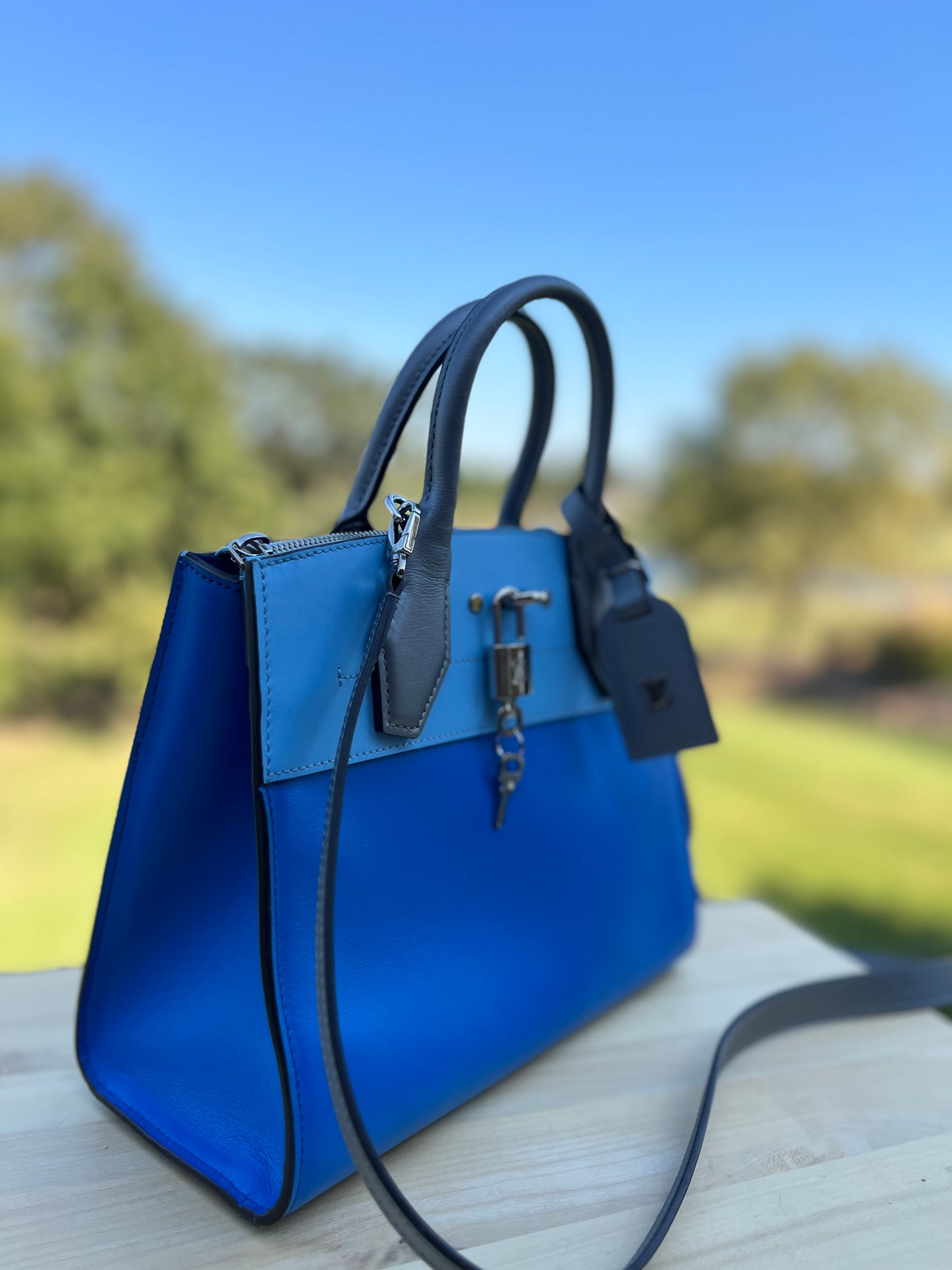 LOUIS VUITTON 
Calfskin City Steamer PM Silver Blue