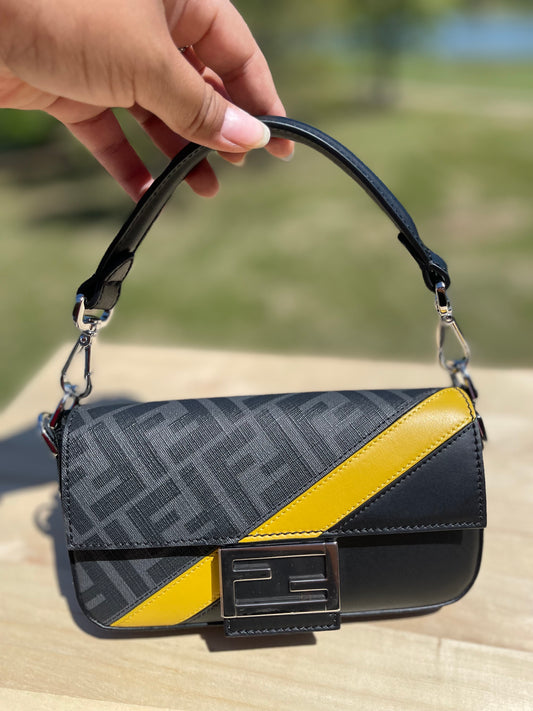 Fendi Diagonal Zucca 2 Way Baguette Shoulder Bag in Black