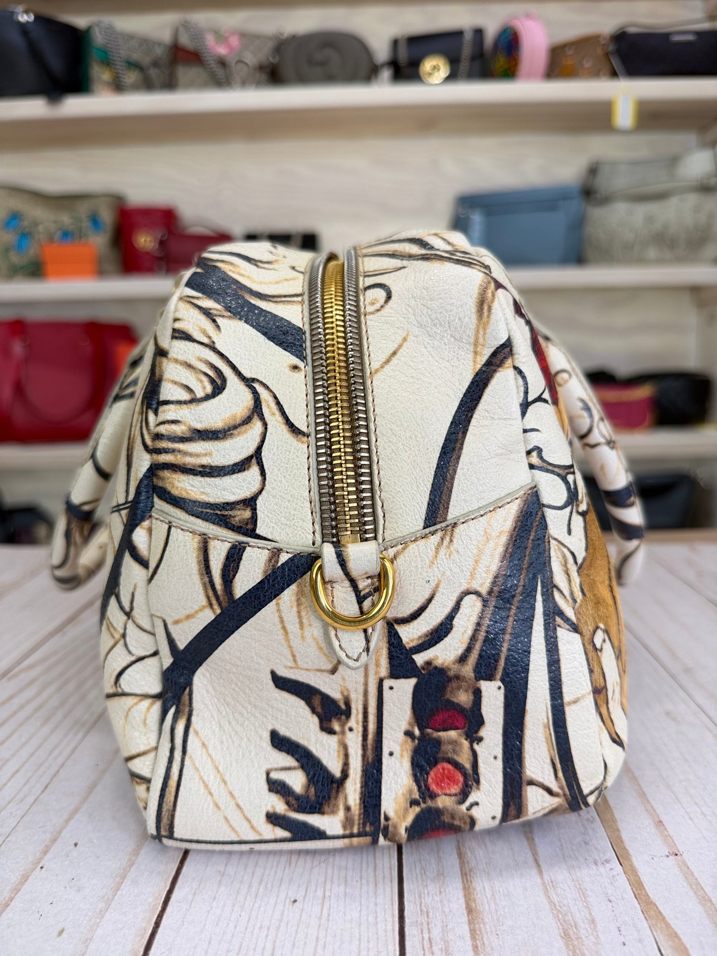 PRADA
X JAMES JEAN Cervo Lux Fairy Print Double Handle Leather Fairy Print Boston Bag