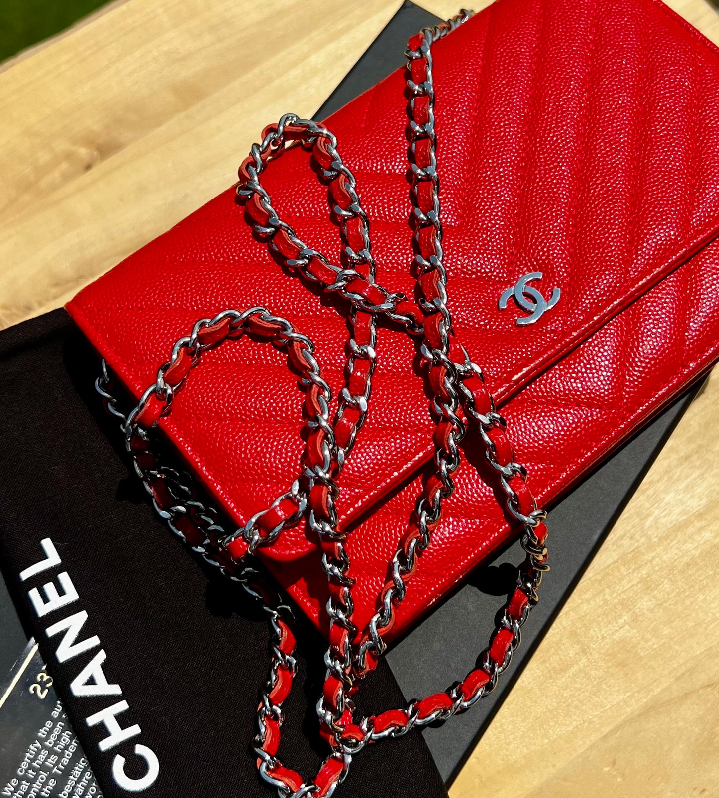 CHANEL Caviar Chevron Quilted Wallet on Chain (WOC) – Red