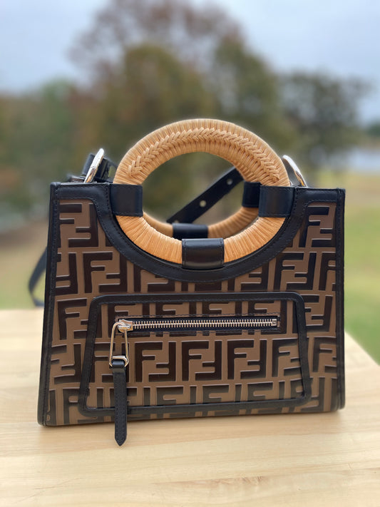 FENDI 
Vitello Century Wicker Bi-Color FF 1974 Embossed Small Runaway Shopper Tote