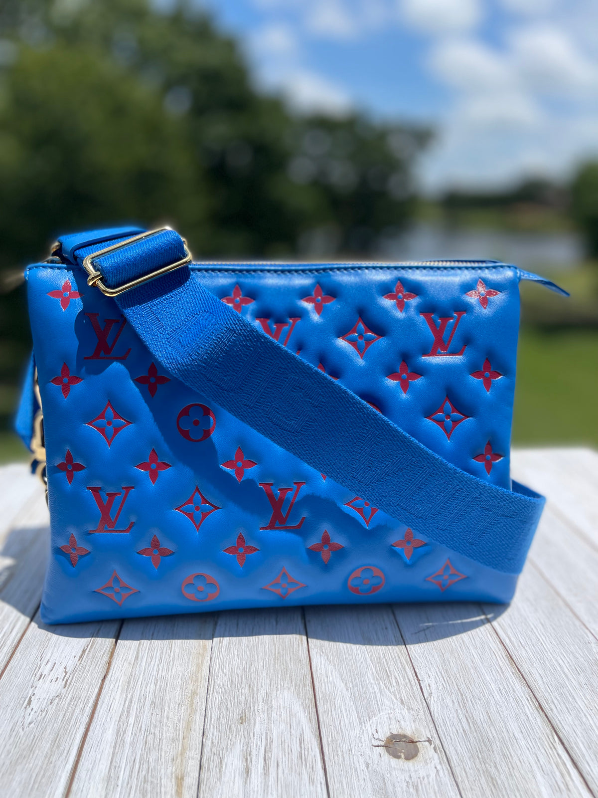 Louis Vuitton Lambskin Embossed Monogram Vuittamins Coussin PM Blue Red