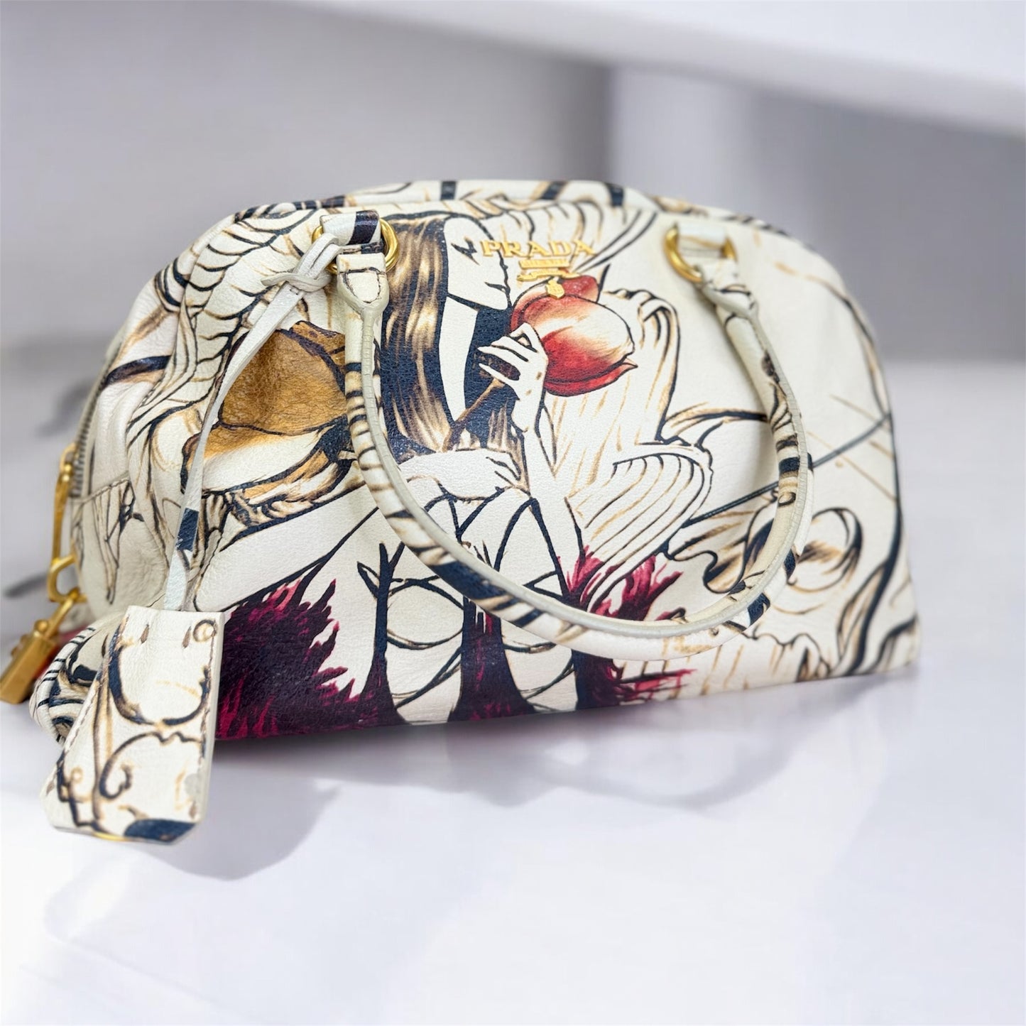 PRADA
X JAMES JEAN Cervo Lux Fairy Print Double Handle Leather Fairy Print Boston Bag