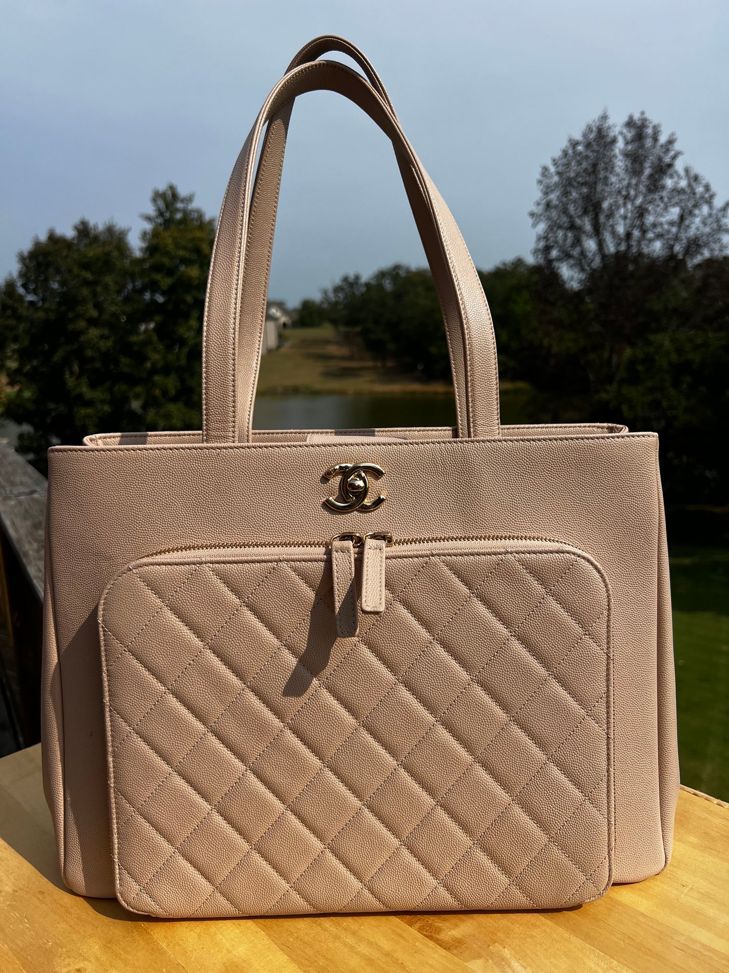 CHANEL Business Affinity Tote Bag in Beige Caviar Leather